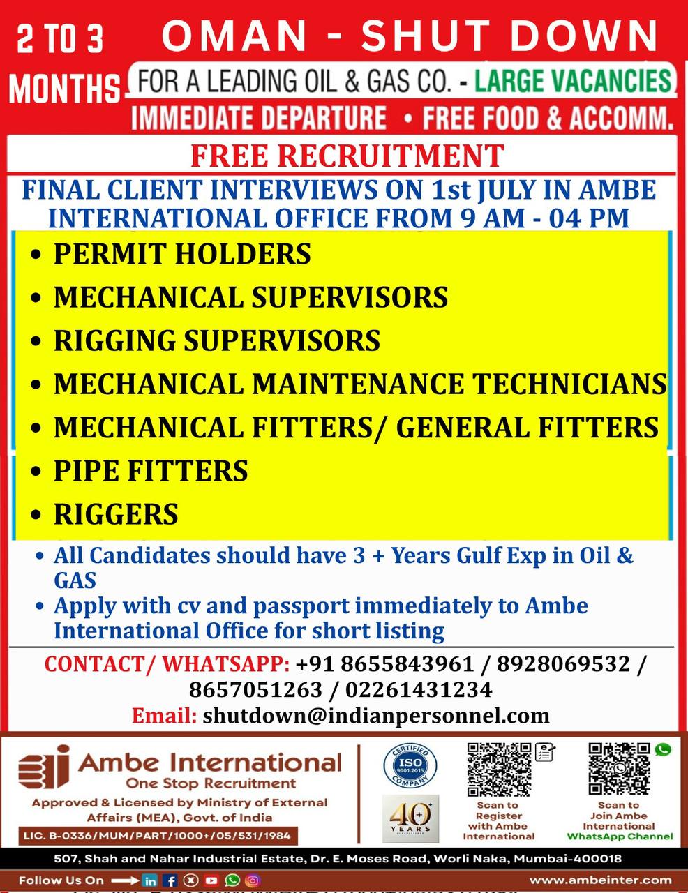 Short-Term Oil & Gas Shutdown Jobs in Oman – Immediate Departure
